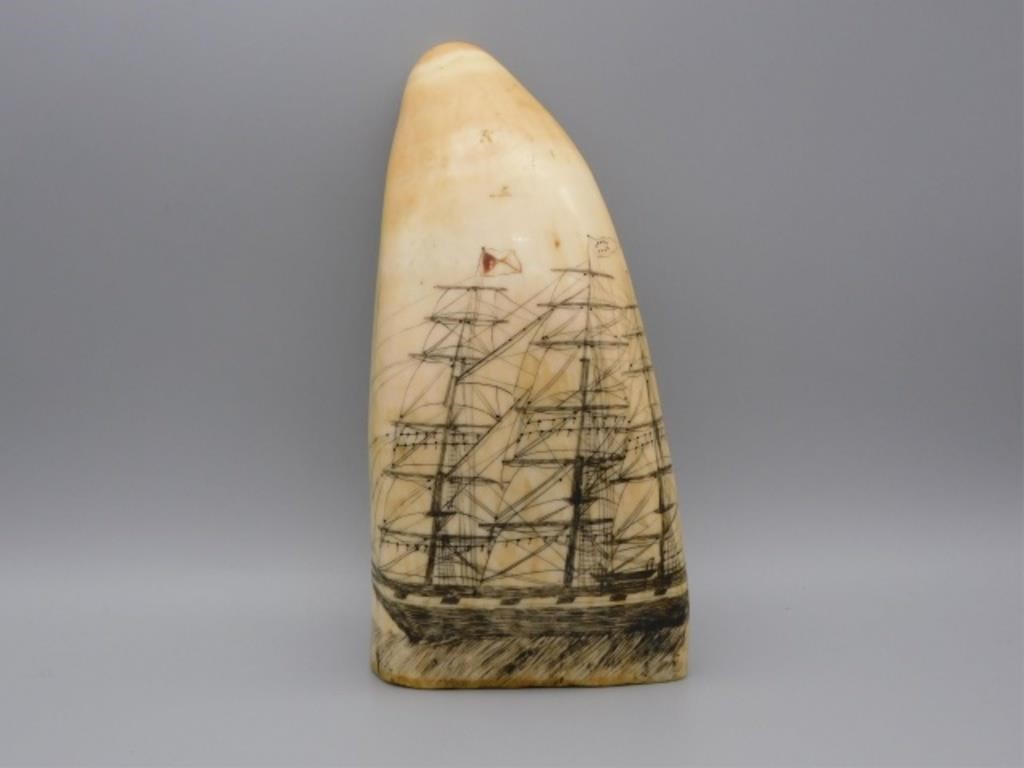 Appraisal: SCRIMSHAW WHALE'S TOOTH TH C DEPICTING ABritish ship under sail