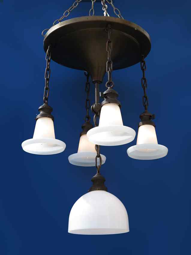 Appraisal: LIGHT HANGING LAMP WITH CAMEO GLASS SHADES Brass fixture mounts