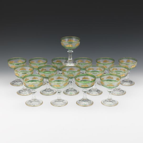 Appraisal: SIXTEEN VAL ST LAMBERT CHAMPAGNE COUPES DANSE DE FLORE GREEN