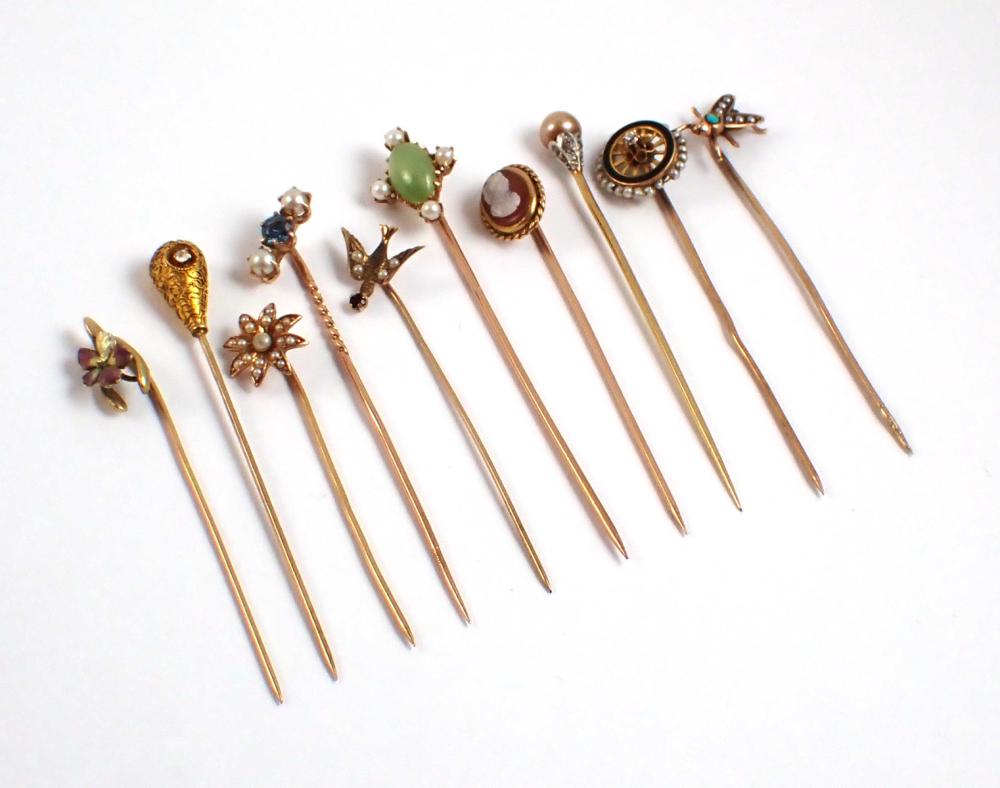 Appraisal: TEN VINTAGE YELLOW GOLD STICK PINS golden pearl diamond platinum