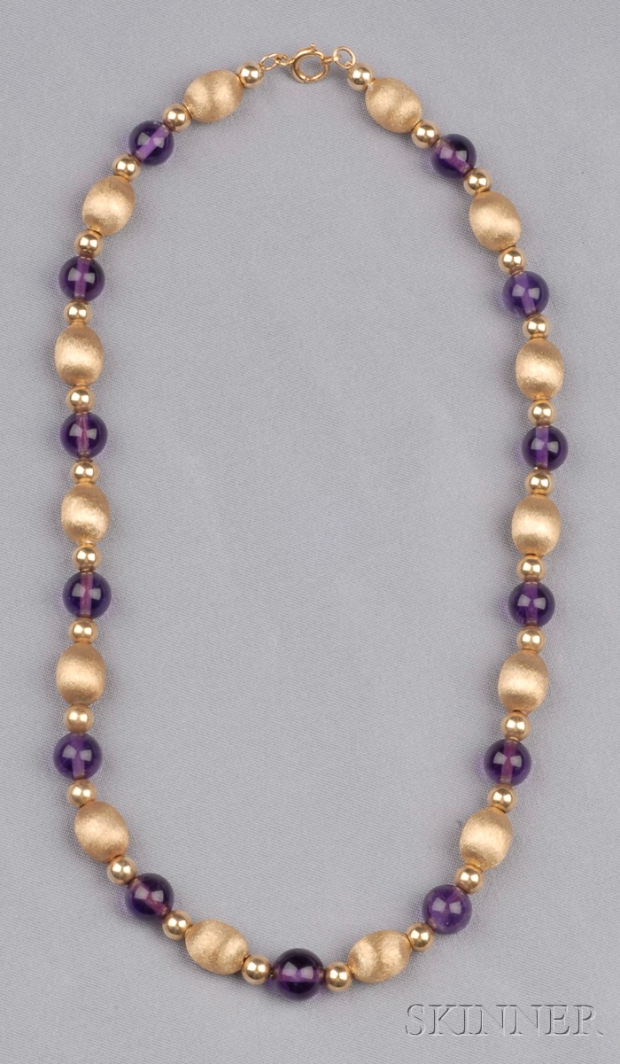 Appraisal: kt Gold and Amethyst Bead Necklace of alternating polished textured