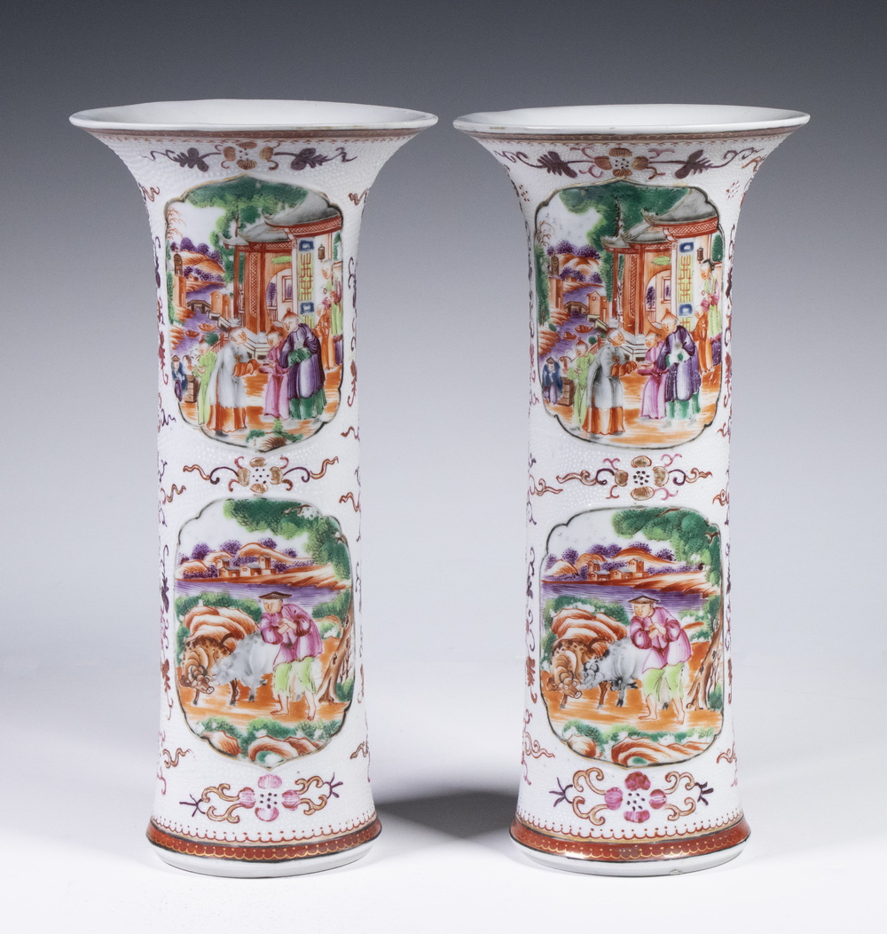 Appraisal: PR CHINESE EXPORT FAMILLE ROSE CHICKEN SKIN VASES Pair of