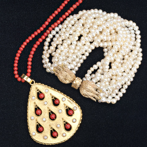 Appraisal: Mogul style k yg pendant with red and white coral