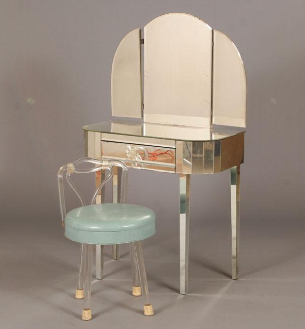 Appraisal: Deco mirrored vanity with three paneled mirror single drawer tapered