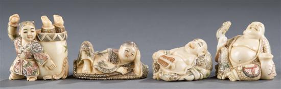 Appraisal: Group of figural carved and polychrome ivory bone netsukes th