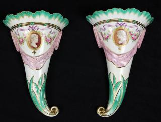 Appraisal: Pair of French hand painted cornucopia portrait wall brackets each