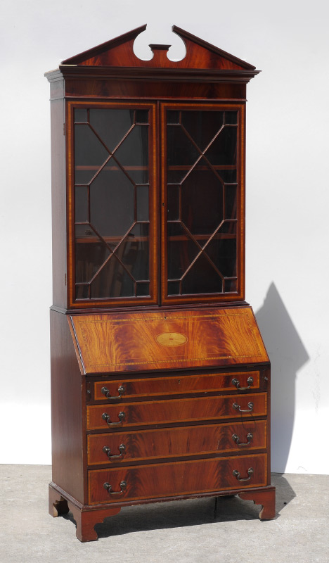 Appraisal: FLAME MAHOGANY INLAID SECRETARY BOOKCASE Architectural pediment glass doors with