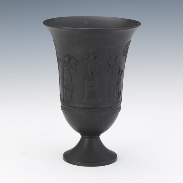 Appraisal: BLACK JASPERWARE FOOTED VASE x Everted rim pedestal foot with