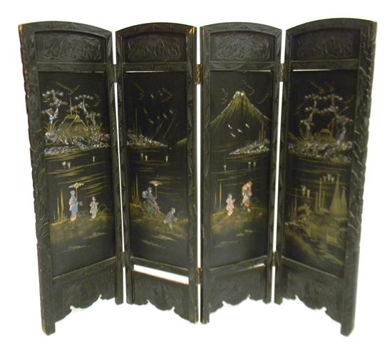 Appraisal: ASIAN th C Japanese black lacquered four-panel folding floor screen