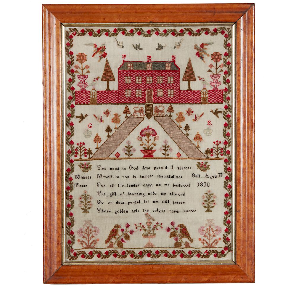 Appraisal: School Girl Sampler Framed polychrome school girl sampler by Mahala