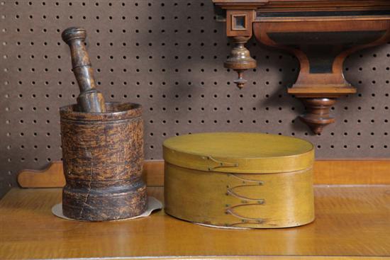 Appraisal: TWO PIECES PANTRY BOX AND MORTAR AND PESTLE Oval bentwood