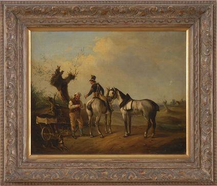 Appraisal: EUROPEAN SCHOOL TRAVELING ON HORSEBACK Oil on canvas laid down