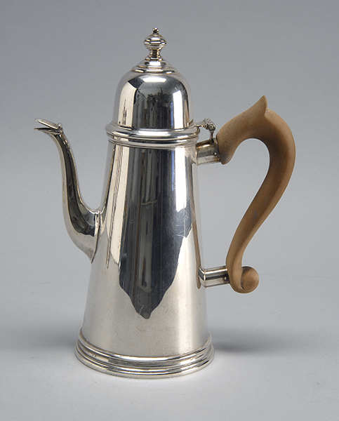 Appraisal: CURRIER ROBY STERLING SILVER COFFEEPOT In lighthouse form with wooden