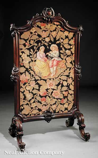 Appraisal: An American Rococo Carved Rosewood Petit Point Firescreen mid- th