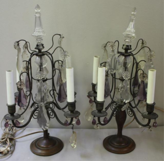 Appraisal: Pair of Antique Girandole Table Lamps With clear and amethyst