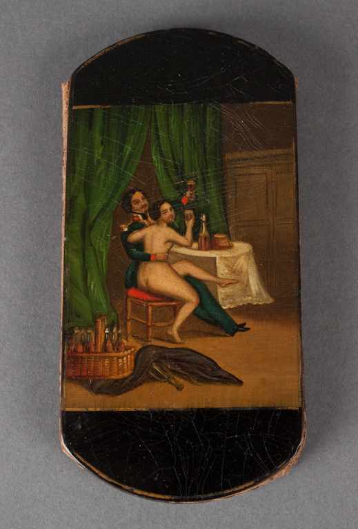 Appraisal: German lacquered papier-mache cigar case mid- th century panels and