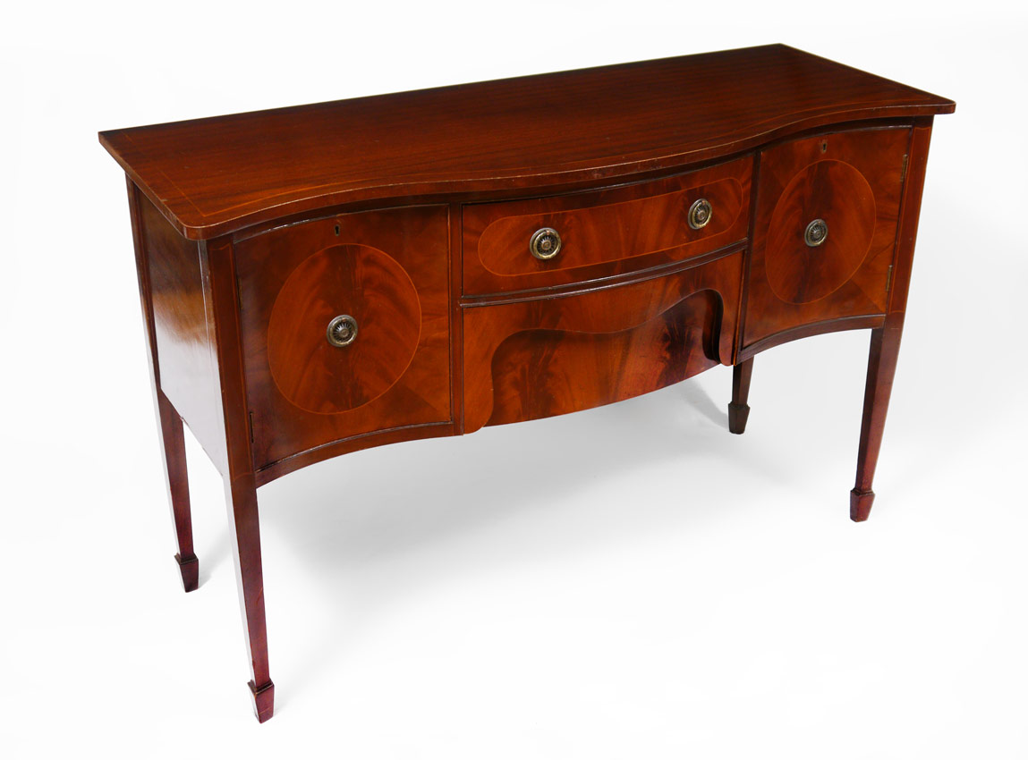 Appraisal: SHERATON STYLE STRING INLAY MAHOGANY SIDEBOARD CREDENZA Serpentine front and