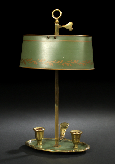 Appraisal: Diminutive French Green-Painted Gilt-Brass and Tole Two-Light Individual Bouillotte Lamp