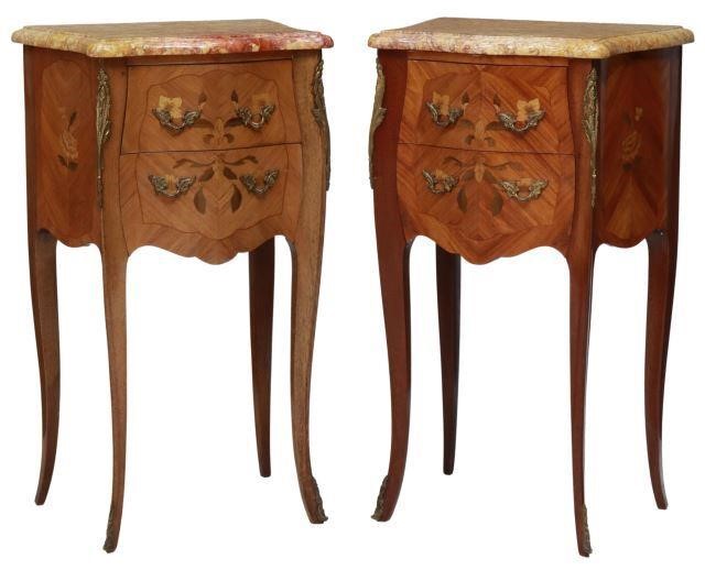 Appraisal: pair French Louis XV style marble-top mahogany bedside cabinets th