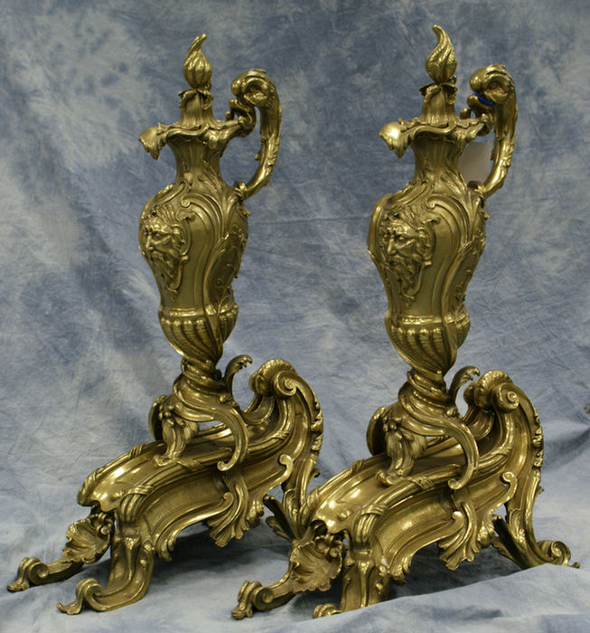 Appraisal: Pr bronze rococo style fireplace garniture ewer style tops with