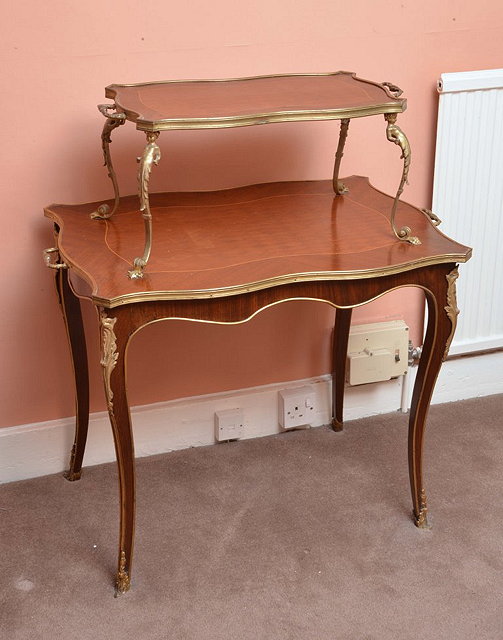 Appraisal: A FRENCH PARQUETRY TWO TIER ETAGERE with gilt metal mounts