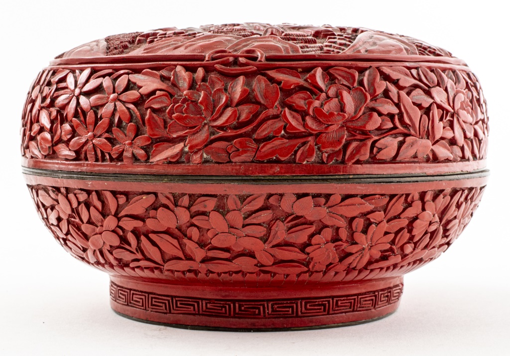 Appraisal: CHINESE CARVED CINNABAR LACQUER COVERED BOX Chinese Cinnabar lacquer round