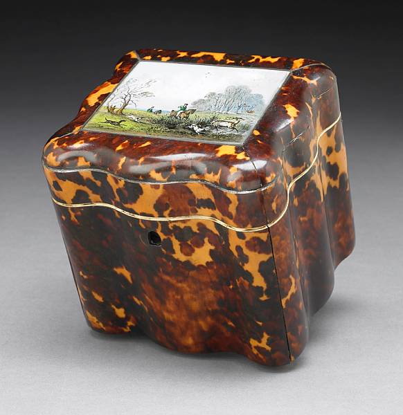 Appraisal: An early Victorian eglomis mounted tortoiseshell tea caddy second quarter