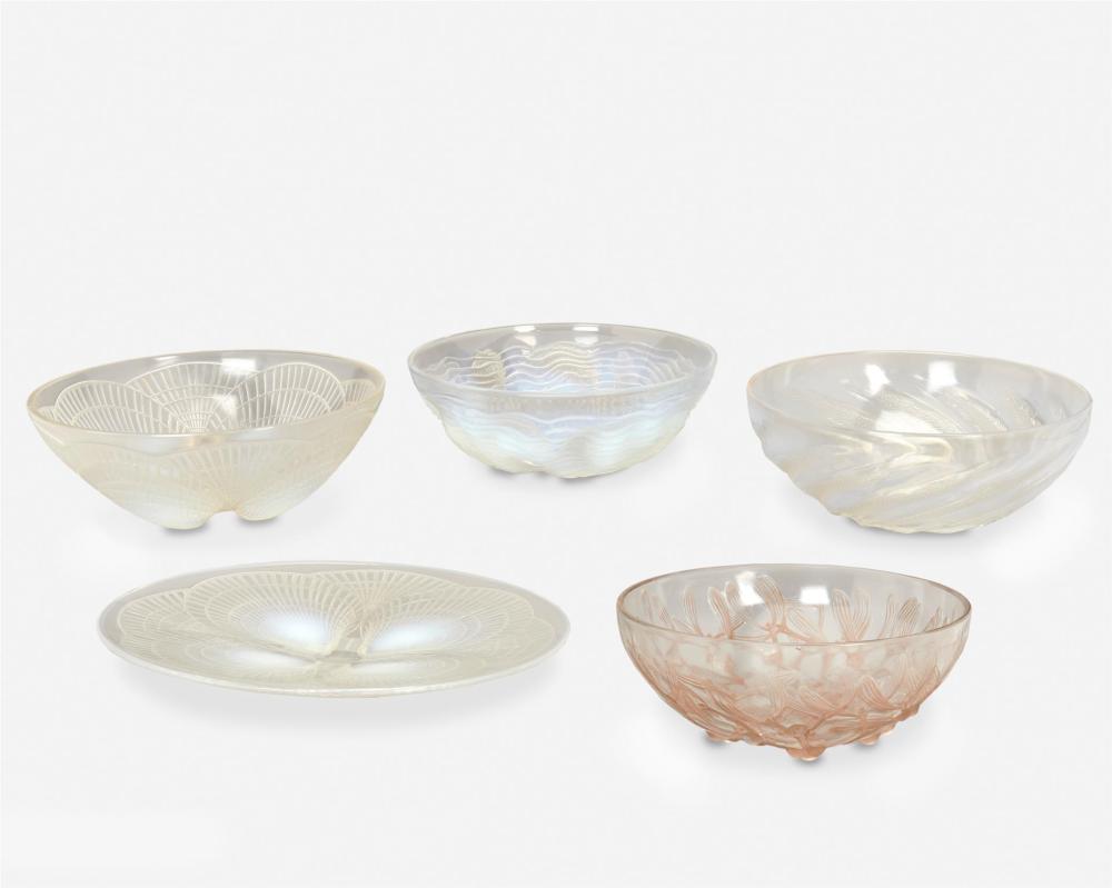 Appraisal: Five Ren Lalique glass table items Circa - Each signed