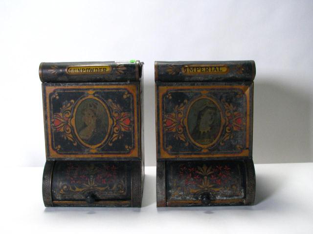 Appraisal: Two metal tole-painted canisters one is Gunpowder the other is