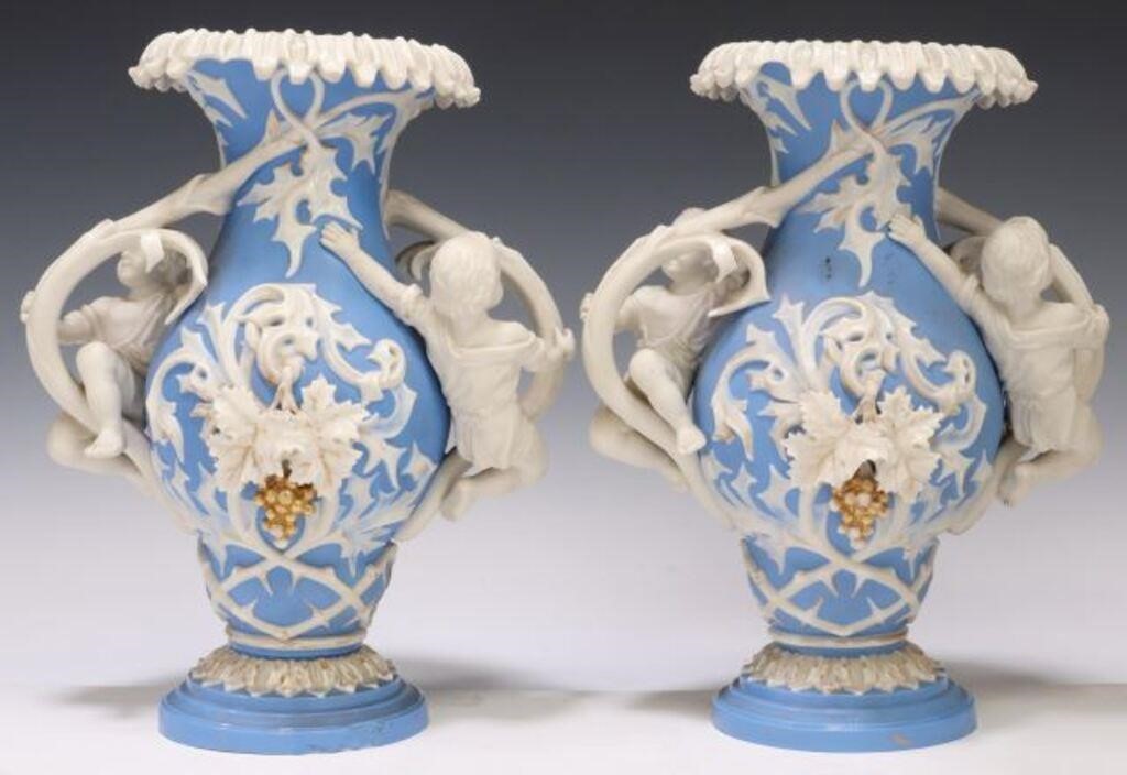 Appraisal: pair French biscuit porcelain vases late th c parcel gilt