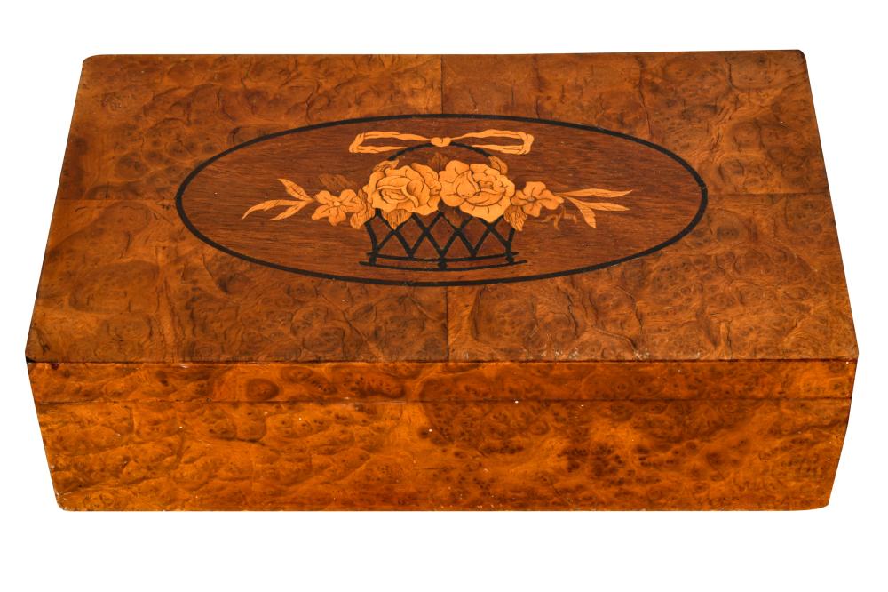 Appraisal: MARQUETRY INLAID BURL BOXCondition with loss to veneer and chips