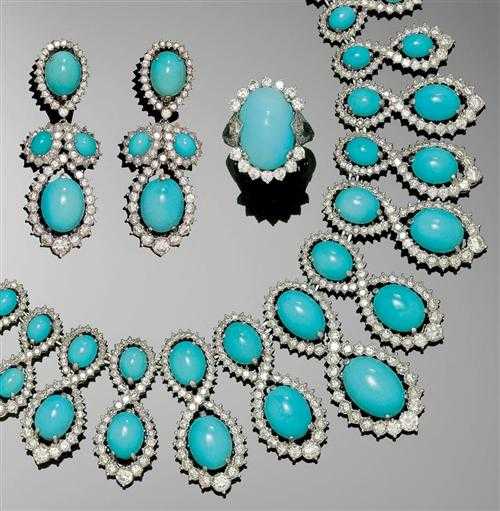 Appraisal: TURQUOISE AND DIAMOND SET KERN Paris ca Platinum and white