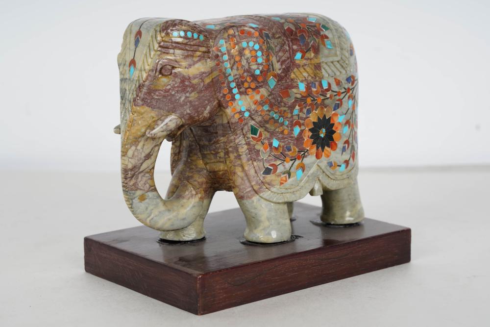 Appraisal: MARBLE INLAID ELEPHANTmounted on wood base inches wide inches deep