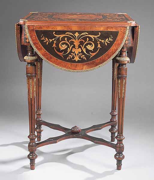 Appraisal: A Louis XVI-Style Marquetry and Gilt Bronze-Mounted Drop-Leaf Table early