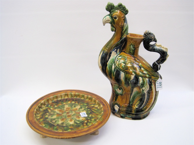 Appraisal: TWO CHINESE POTTERY PIECES figural bird ewer H x L