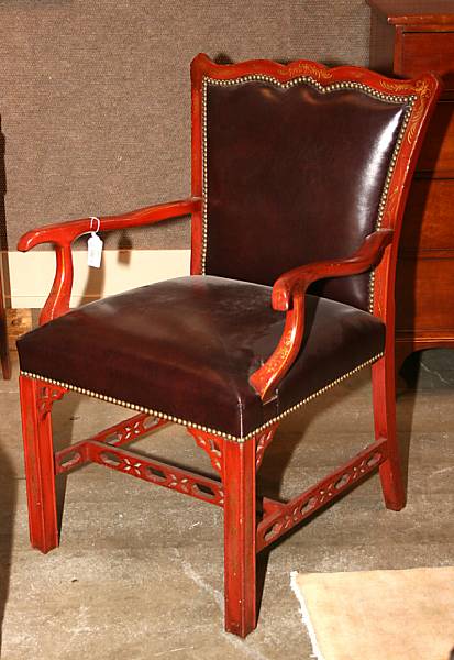 Appraisal: A George III style scarlet chinoiserie decorated leather upholstered armchair