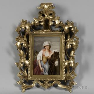 Appraisal: German Porcelain Plaque of a Maiden with a Horse early