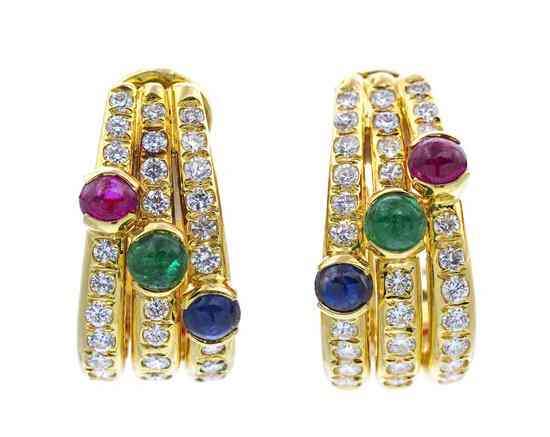 Appraisal: A Pair of Karat Yellow Gold Ruby Emerald Sapphire and