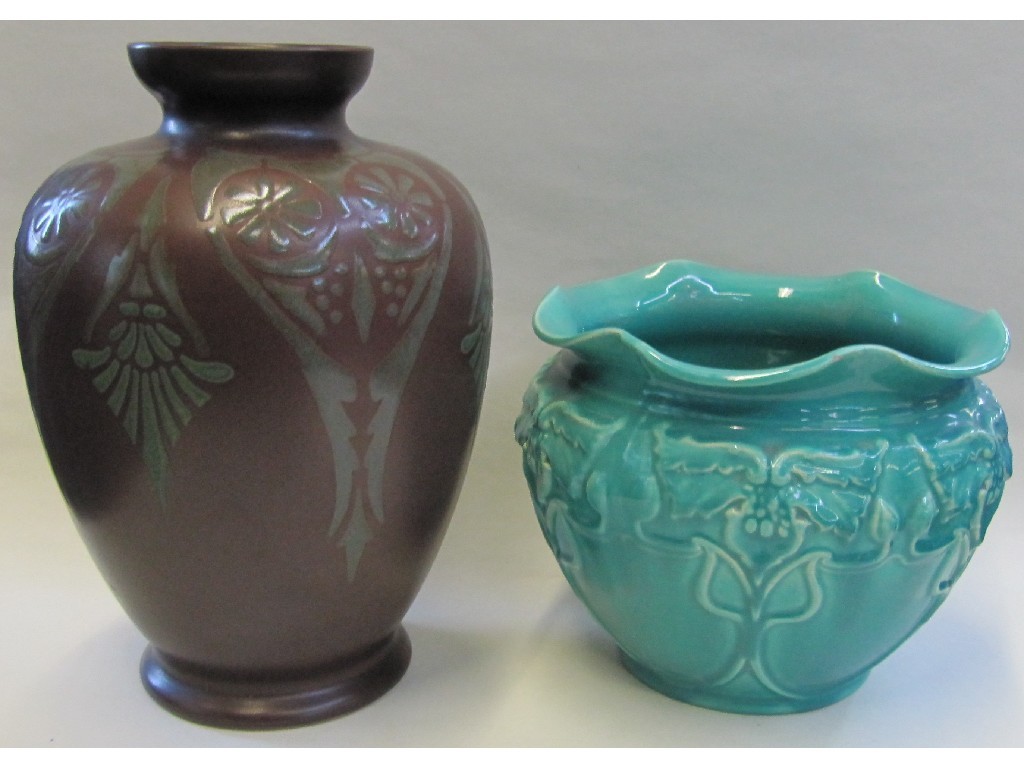 Appraisal: Lovatts Langley ware vase and a turquoise glazed jardiniere