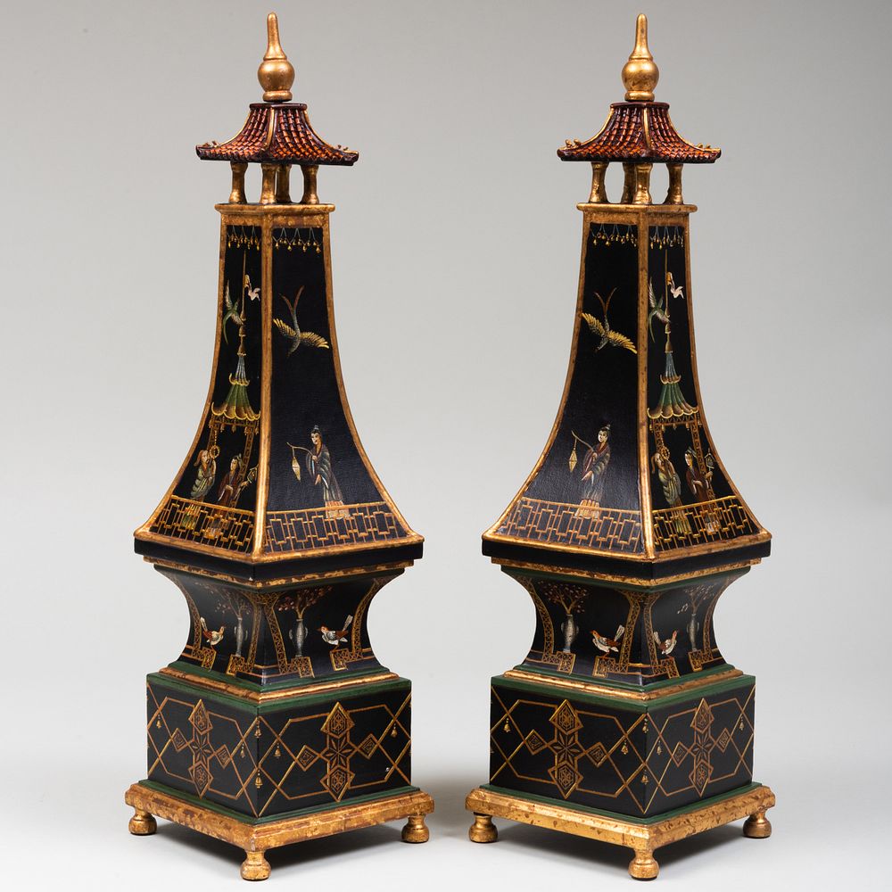 Appraisal: Pair of Black Painted Pagoda Form Obelisk of Recent Manufacture