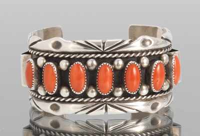 Appraisal: A Sterling Silver and Coral Navajo Cuff Bracelet Sterling silver