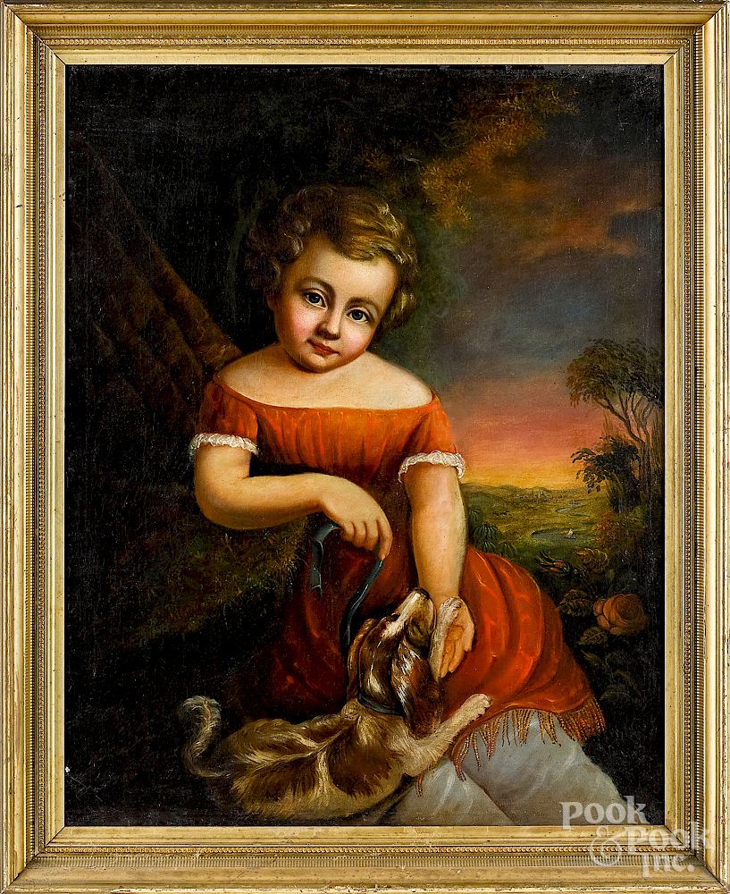 Appraisal: Oil on canvas portrait of a boy and his dog