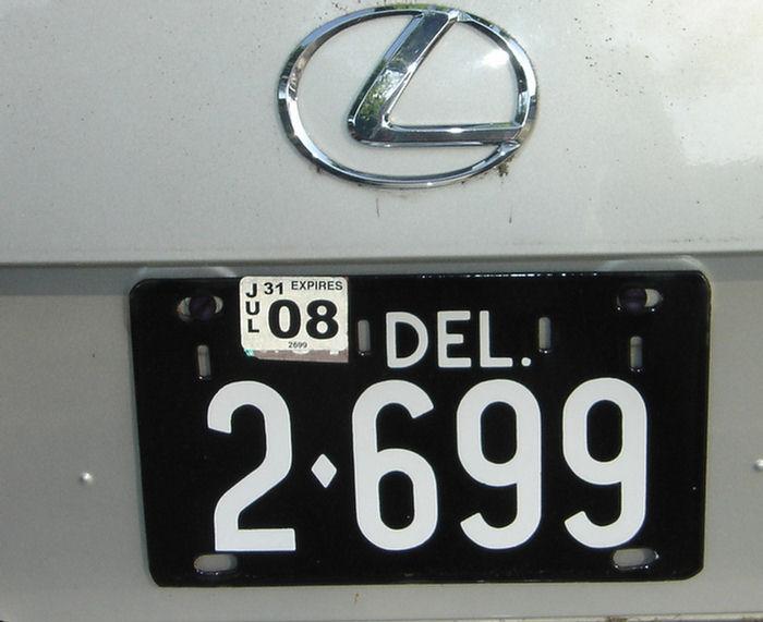 Appraisal: Delaware active license plate currently attached to the Lexus ES