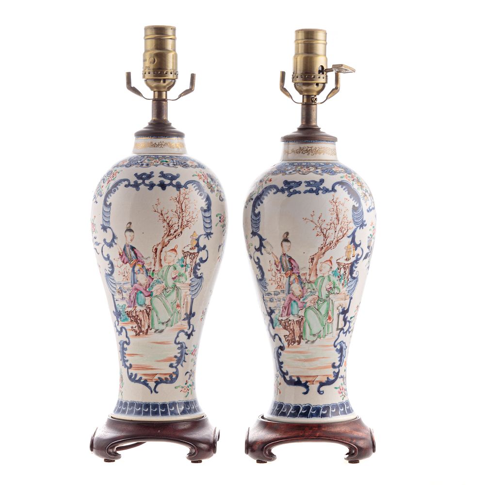 Appraisal: Pair Chinese Export Mandarin Garniture Lamps Circa matched pair garniture