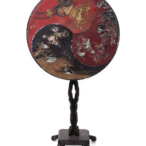 Appraisal: A Chinoiserie Decorated Lacquer and Mother-of-Pearl Tilt-Top Table Early th