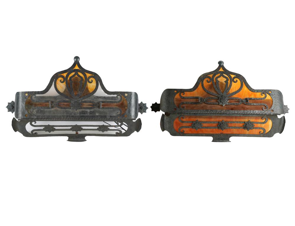 Appraisal: PAIR OF IRON WALL SCONCESeach with amber-colored tempered glass panels