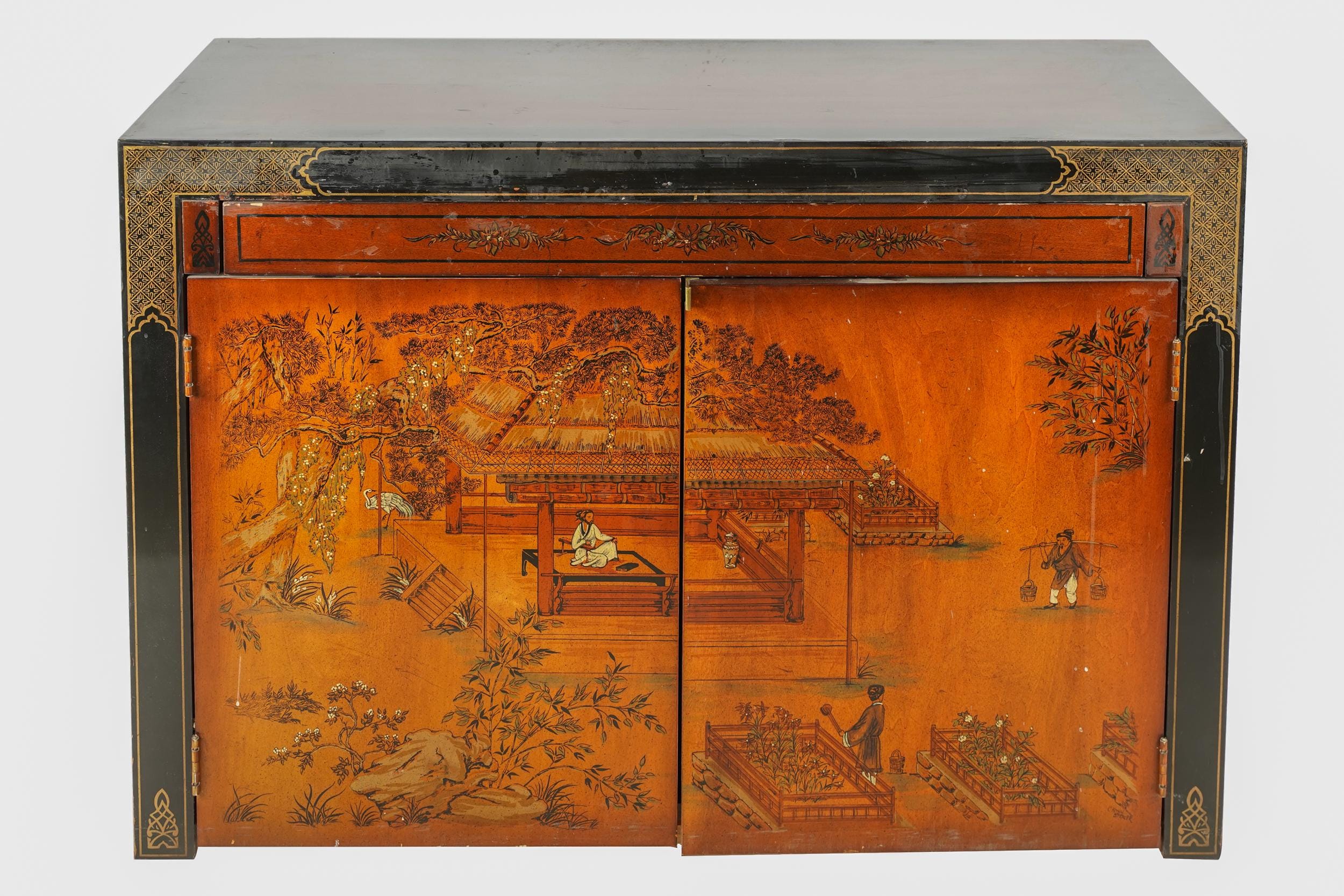 Appraisal: CHINOISERIE LACQUERED WOOD DINING TABLE CABINET th century unsigned the