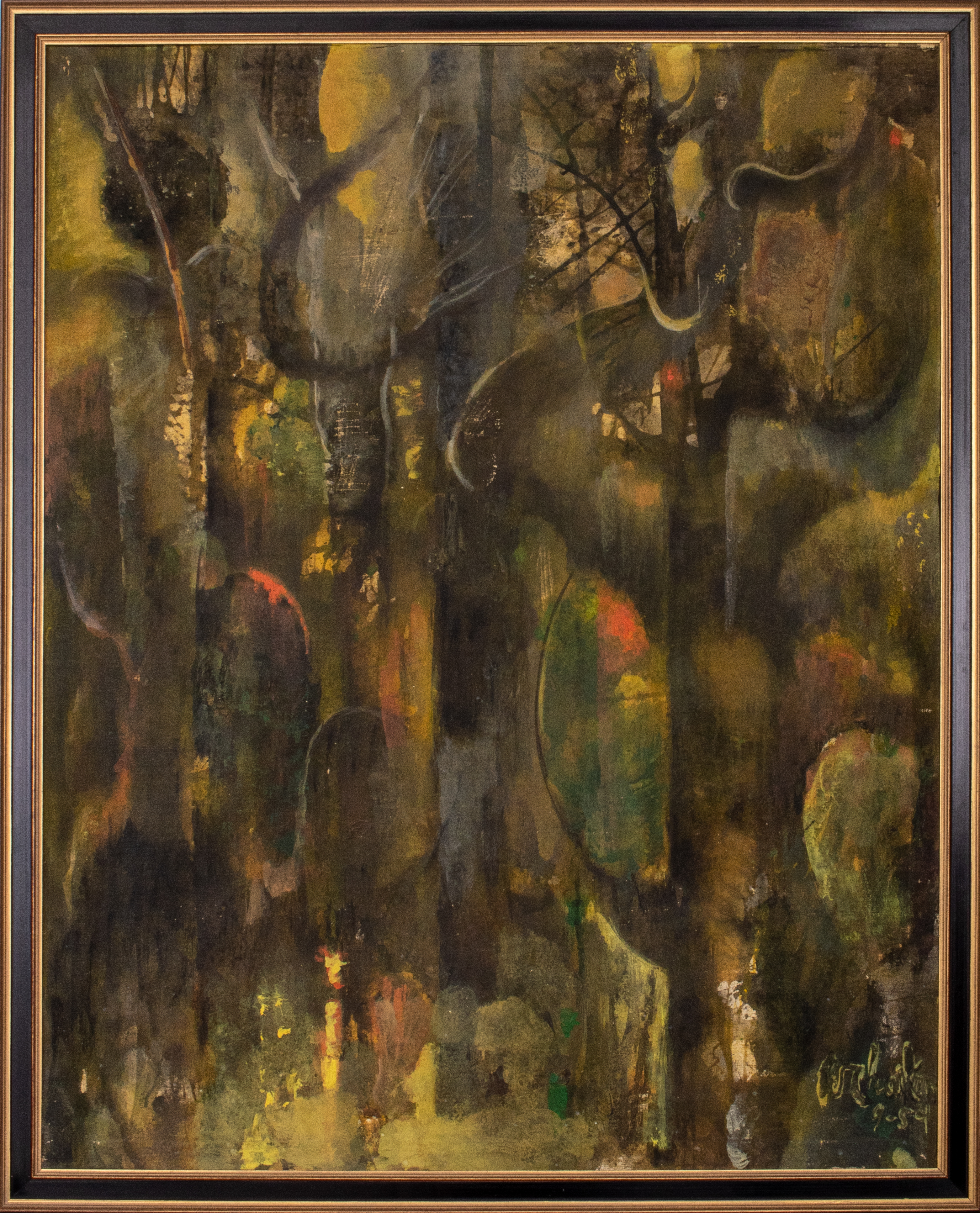 Appraisal: ILLEGIBLY SIGNED FOREST SCENE OIL ON CANVAS Mid-century Forest scene