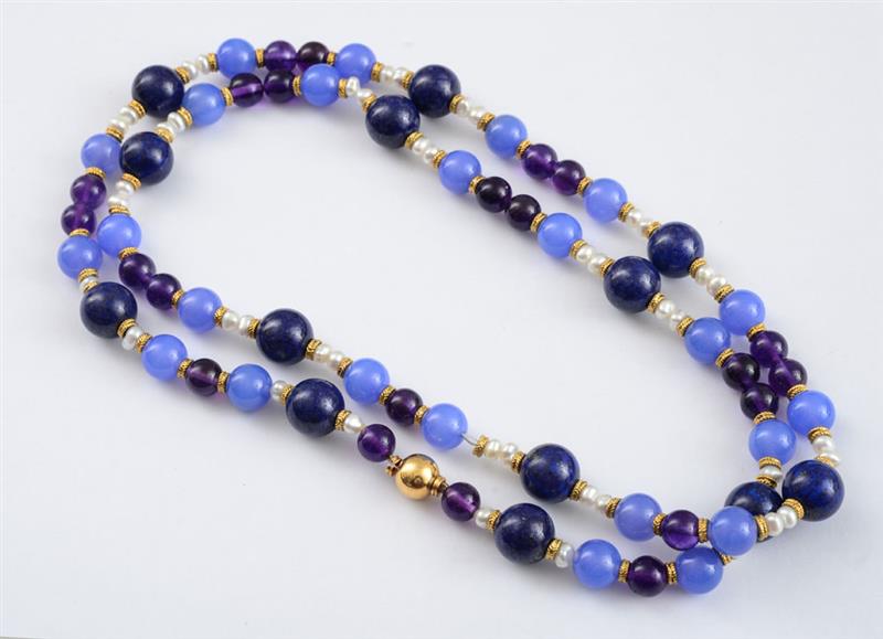 Appraisal: K GOLD LAPIS AMETHYST AND BLUE CHALCEDONY BEAD NECKLACE Long