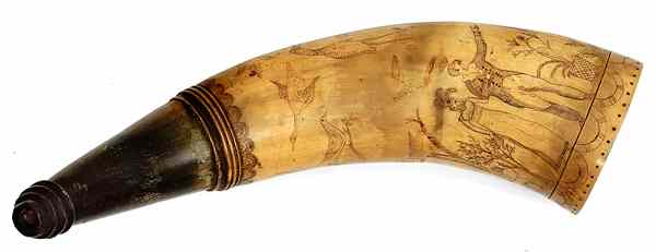 Appraisal: Powder Horn Engraved with Pigeons and Cranes '' horn with